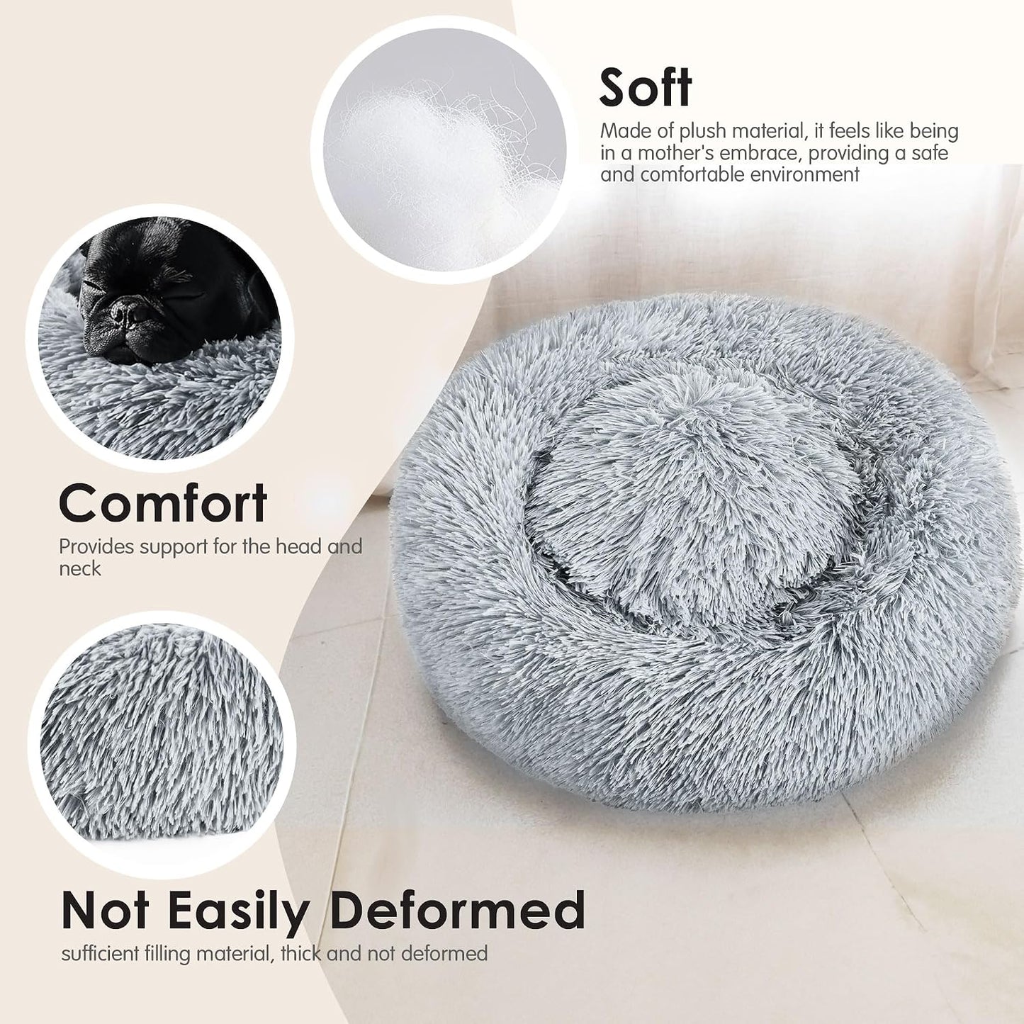 Petvanii CozyCloud Donut Pet Bed, Soft Plush Calming Bed for Small Dogs, Puppies, Cats and Kittens, Washable Round Pet Bed