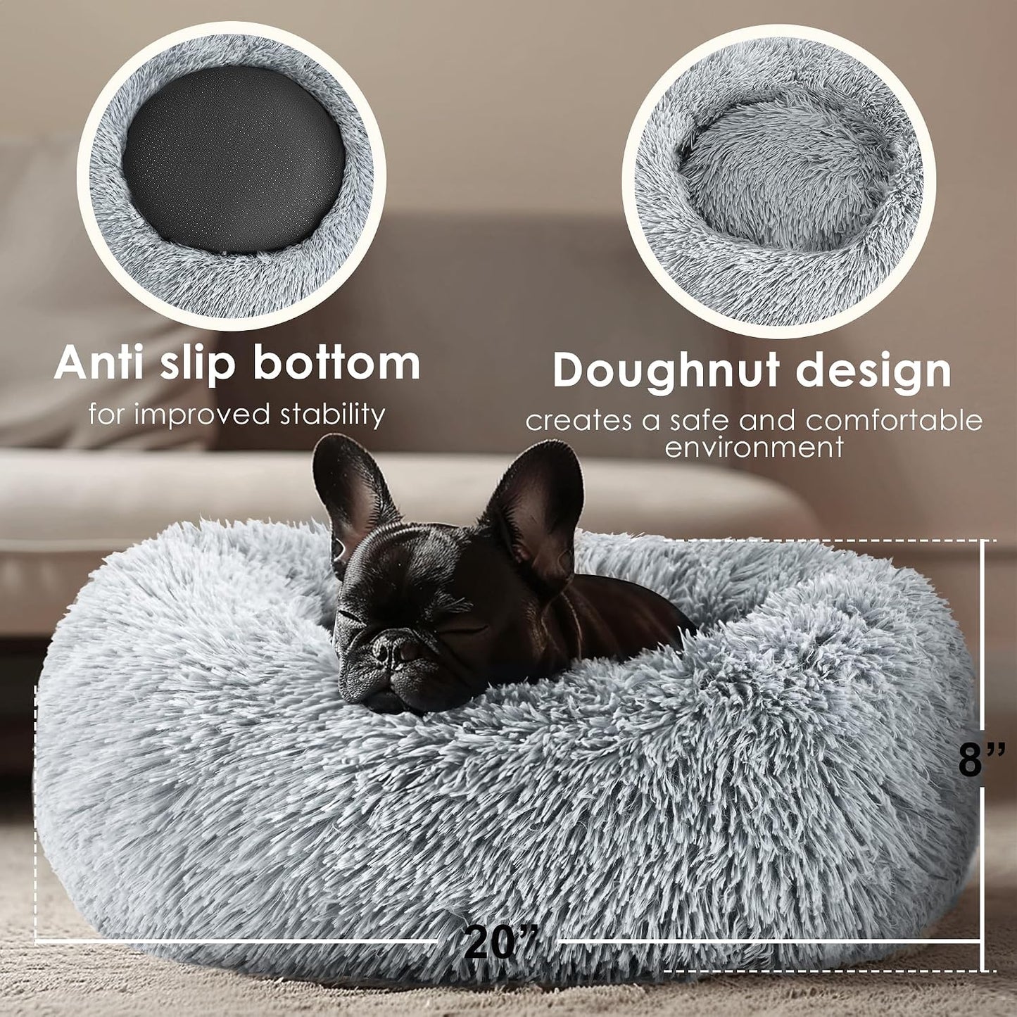 Petvanii CozyCloud Donut Pet Bed, Soft Plush Calming Bed for Small Dogs, Puppies, Cats and Kittens, Washable Round Pet Bed